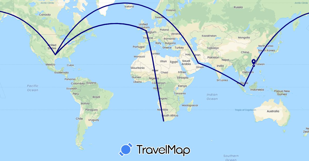 TravelMap itinerary: driving in United Arab Emirates, China, United Kingdom, Singapore, United States, South Africa (Africa, Asia, Europe, North America)